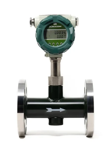 Muestra un medidor de flujo tipo vortex de forma frontal