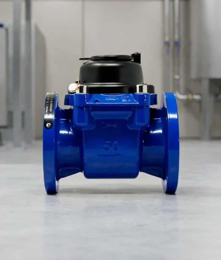 Macromedidor de agua instalado en tubería industrial para control de flujo