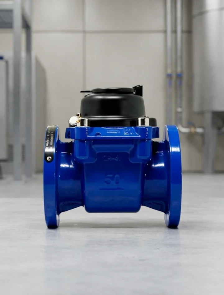 Macromedidor de agua instalado en tubería industrial para control de flujo