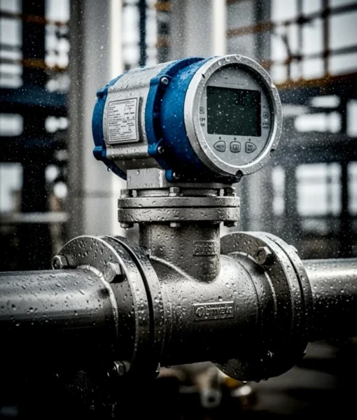 Macromedidor de agua instalado en tubería industrial para control de flujo