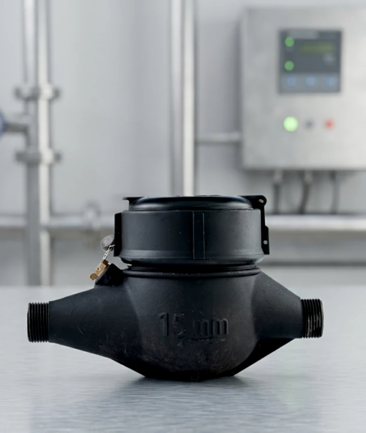 Macromedidor de agua instalado en tubería industrial para control de flujo