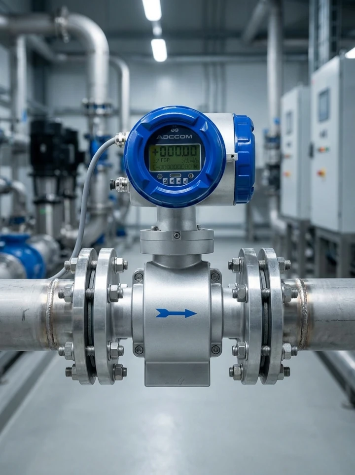 Medidor electromagnético instalado en tubería industrial para control y medición de flujo de agua en planta exterior