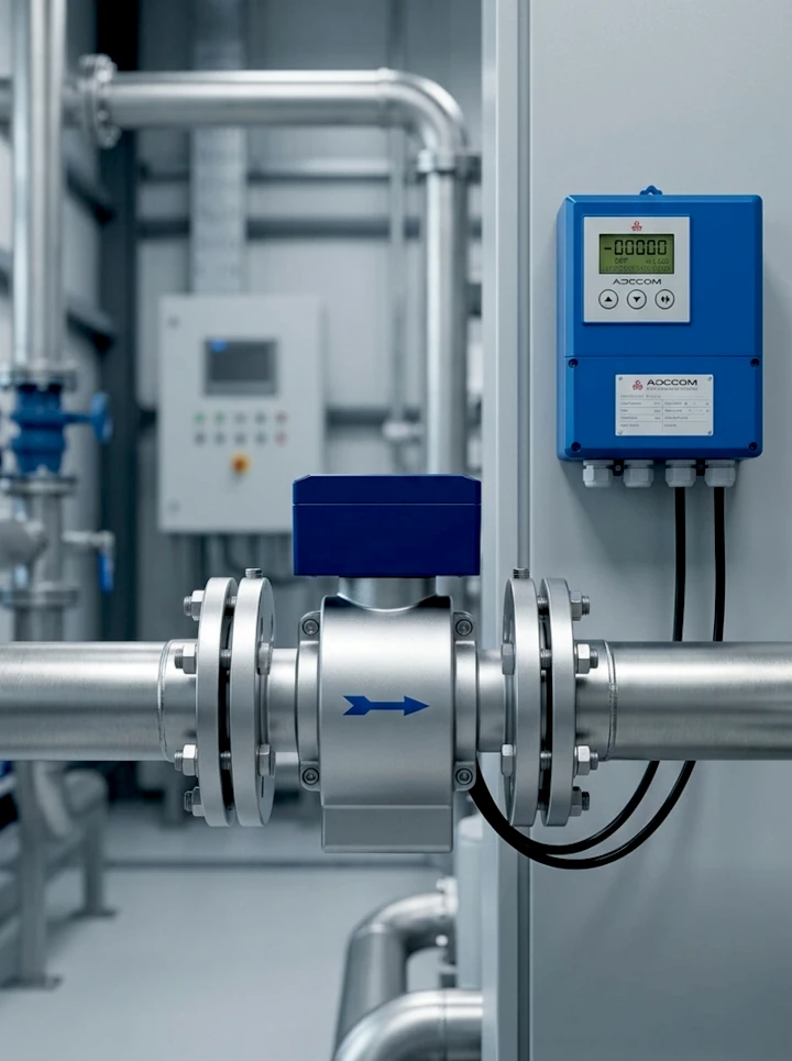 Medidor electromagnético instalado en tubería industrial para control y medición de flujo de agua en planta exterior