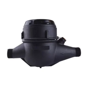 Medidor de agua chorro múltiple LP-15 NOM clase B de 190 mm Equysis, vista lateral con las conexiones roscadas