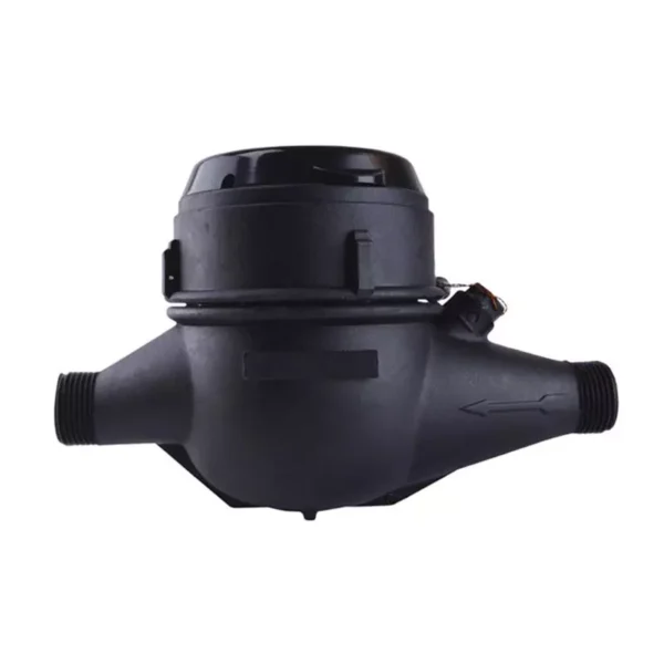 Medidor de agua chorro múltiple LP-15 NOM clase B de 190 mm Equysis, vista lateral con las conexiones roscadas