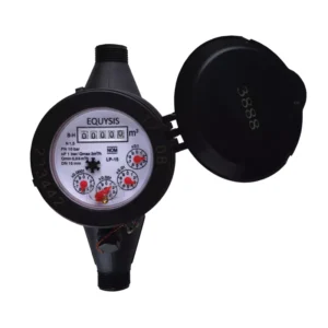 Medidor de agua chorro múltiple LP-15 NOM clase B de 190 mm Equysis, carátula con el registro y la tapa abierta