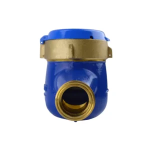 Medidor de agua chorro múltiple MB de bronce clase B Equysis, vista frontal de la entrada de agua