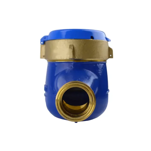 Medidor de agua chorro múltiple MB de bronce clase B Equysis, vista frontal de la entrada de agua