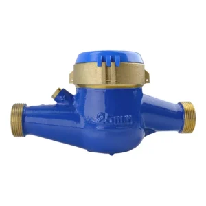 Medidor de agua chorro múltiple MB de bronce clase B Equysis, vista lateral con las conexiones roscadas