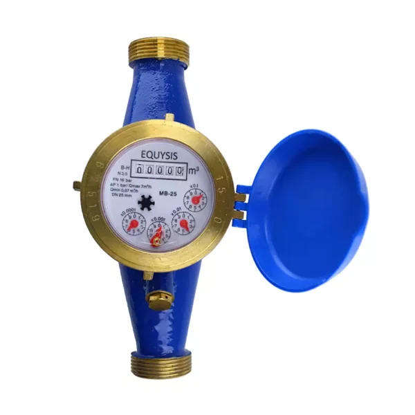 Medidor de agua chorro múltiple MB de bronce clase B Equysis, carátula con el registro y la tapa abierta