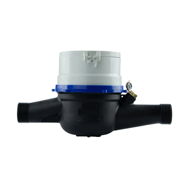 Medidor de agua chorro múltiple LPC-C clase C de 190 mm Equysis, vista lateral con las conexiones roscadas