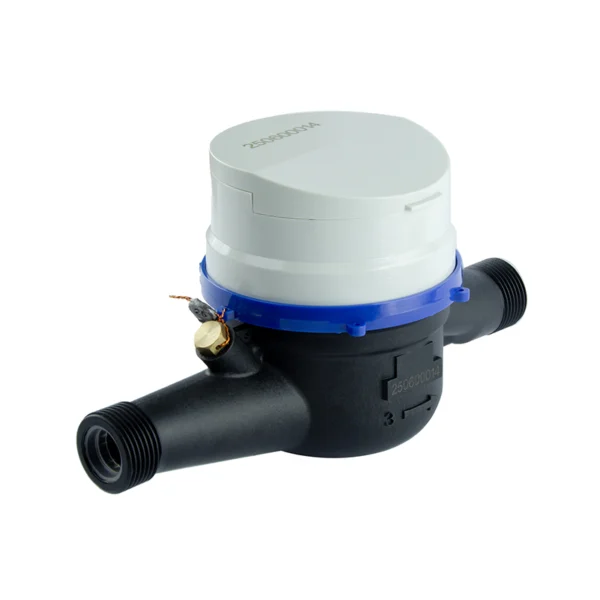 Medidor de agua chorro múltiple LPC-C clase C de 190 mm Equysis, vista en perspectiva del medidor con registro de cobre y vidrio