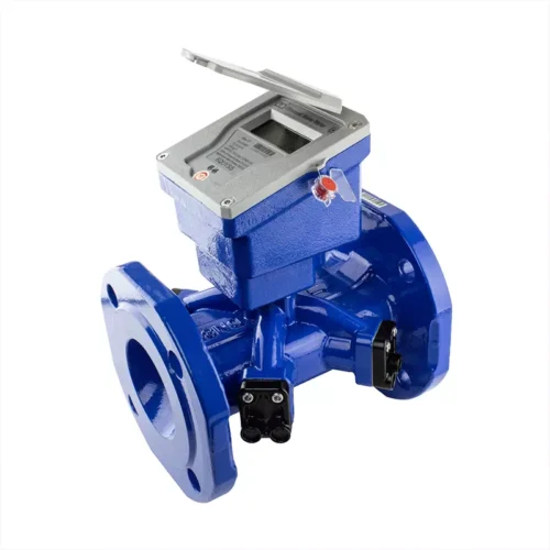 Medidor de agua ultrasónico Ultra-TT Equysis, vista en perspectiva con la pantalla y las bridas