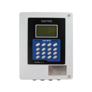 Medidor ultrasónico Ultra-E-F Equysis, vista frontal del transmisor con pantalla y teclado